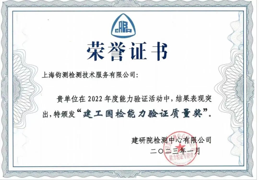 上海钧测荣获2022年度能力验证“建工国检能力验证质量奖”